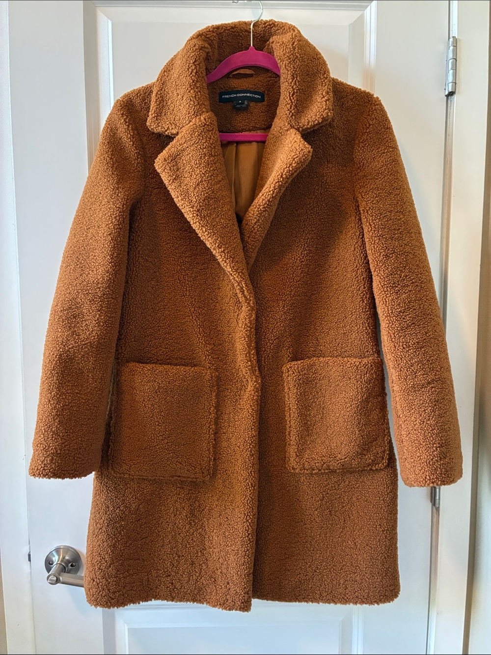 French Connection Teddy Sherpa Coat in Cognac (S)